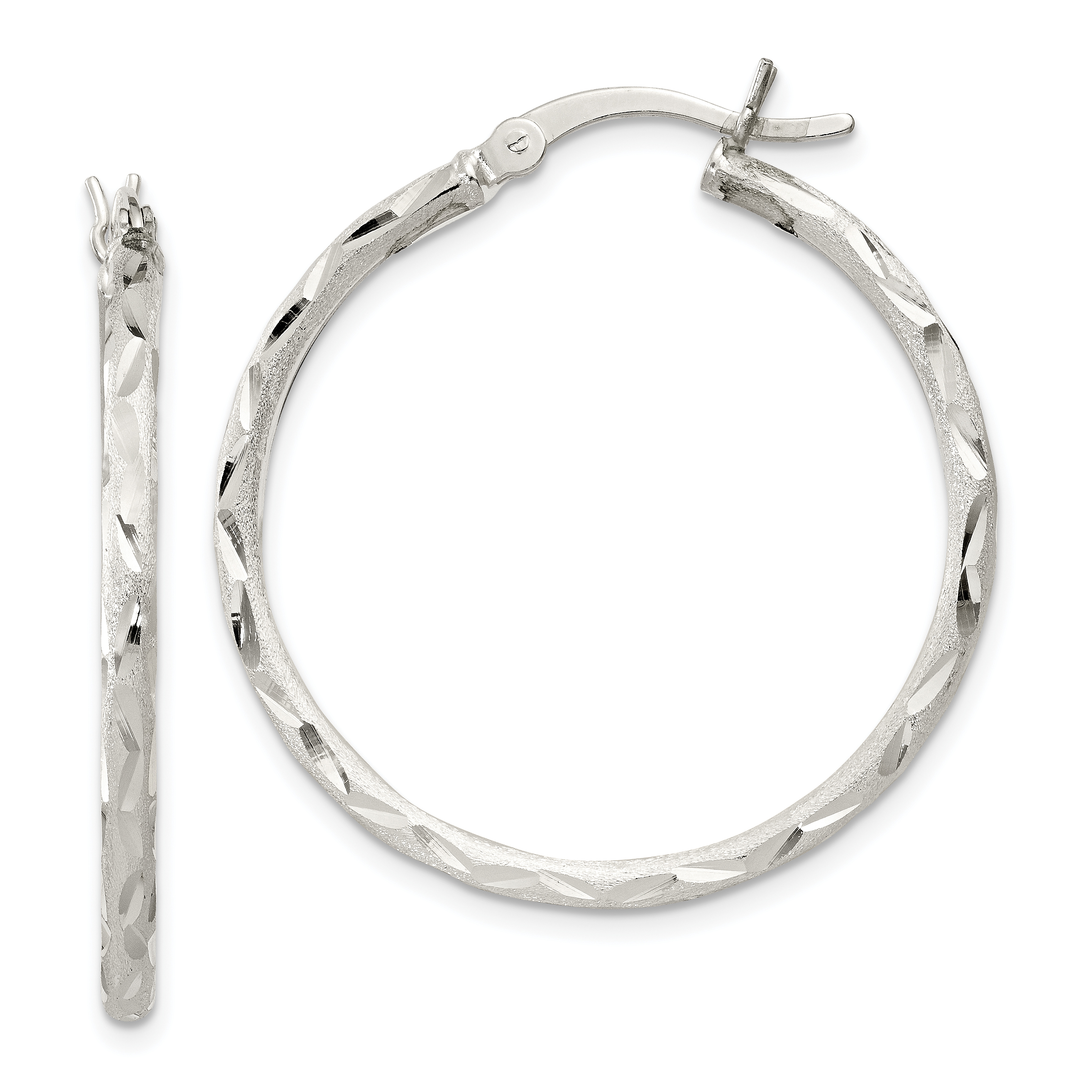 Sterling Silver Satin Diamond-cut 2x31mm Hoop Earrings (QE11496)