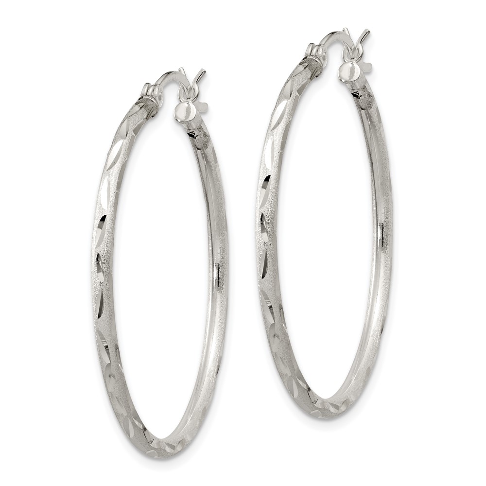 Sterling Silver Satin Diamond-cut 2x35mm Hoop Earrings (QE11497)