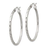 Sterling Silver Satin Diamond-cut 2x 35mm Hoop Earrings view 2
