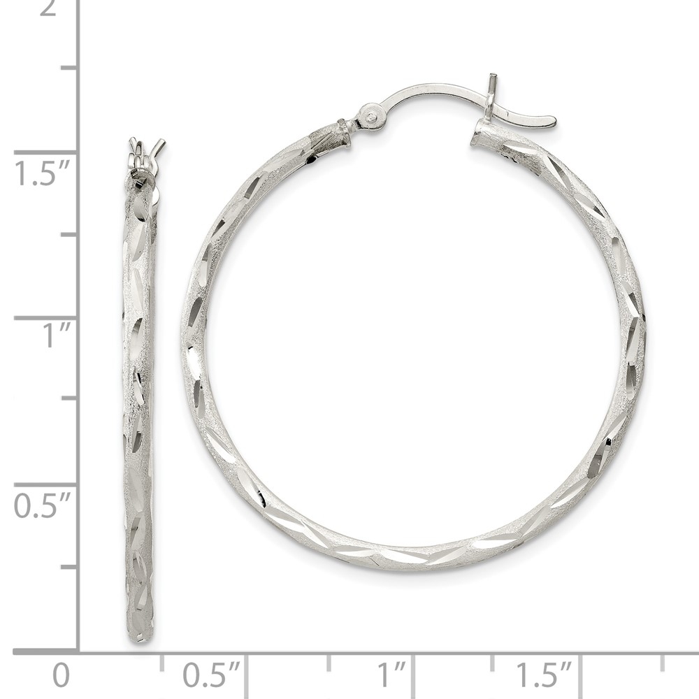 Sterling Silver Satin Diamond-cut 2x35mm Hoop Earrings (QE11497)