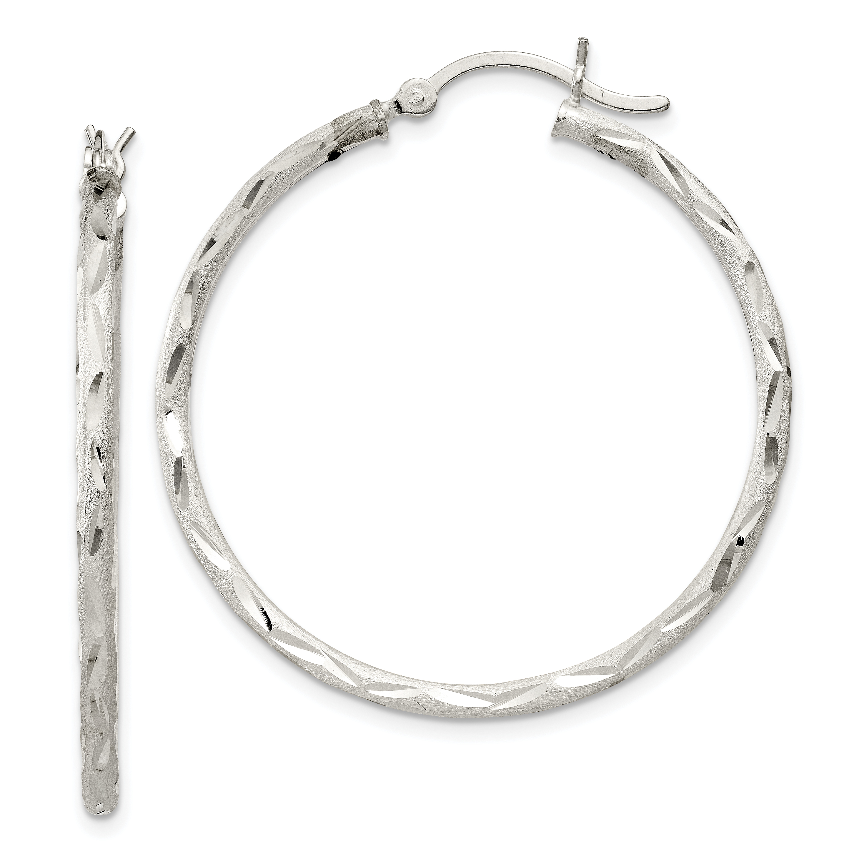 Sterling Silver Satin Diamond-cut 2x35mm Hoop Earrings (QE11497)