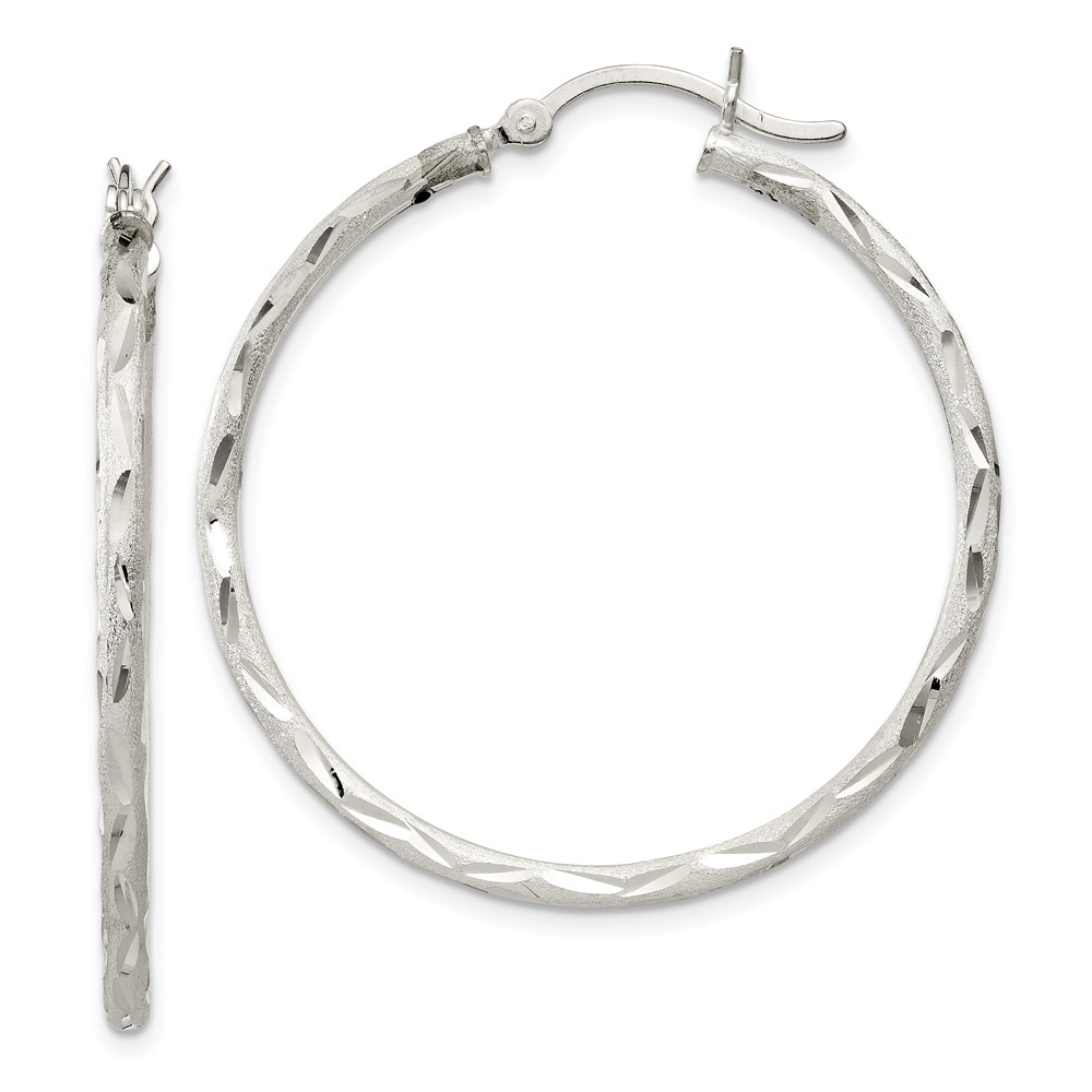 Sterling Silver Satin Diamond-cut 2x35mm Hoop Earrings (QE11497)