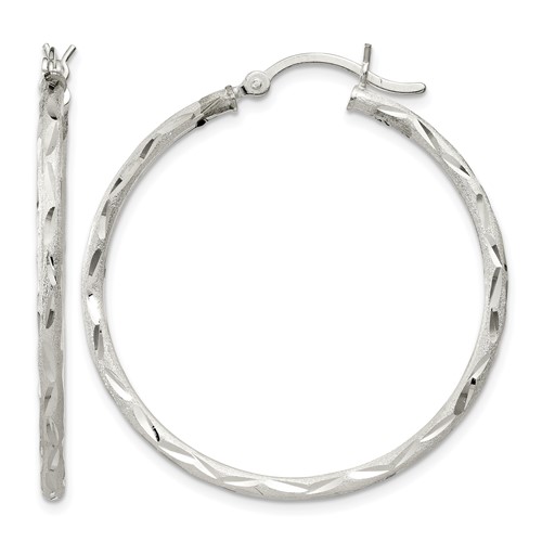 Sterling Silver Satin Diamond-cut 2x 35mm Hoop Earrings