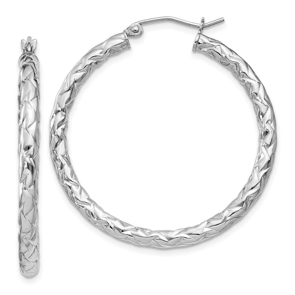 Sterling Silver Rhodium-plated Textured 3x35mm Hoop Earrings (QE11503)