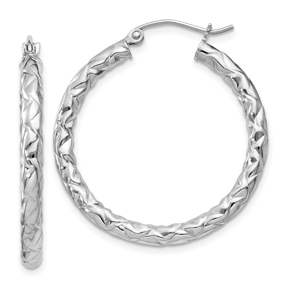 Sterling Silver Rhodium-plated Textured 3x30mm Hoop Earrings (QE11504)