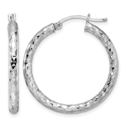 Sterling Silver Rhodium-plated Textured 3x 30mm Hoop Earrings