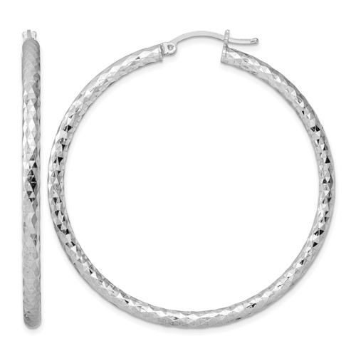 Sterling Silver Rhodium-plated Textured 3x 50mm Hoop Earrings