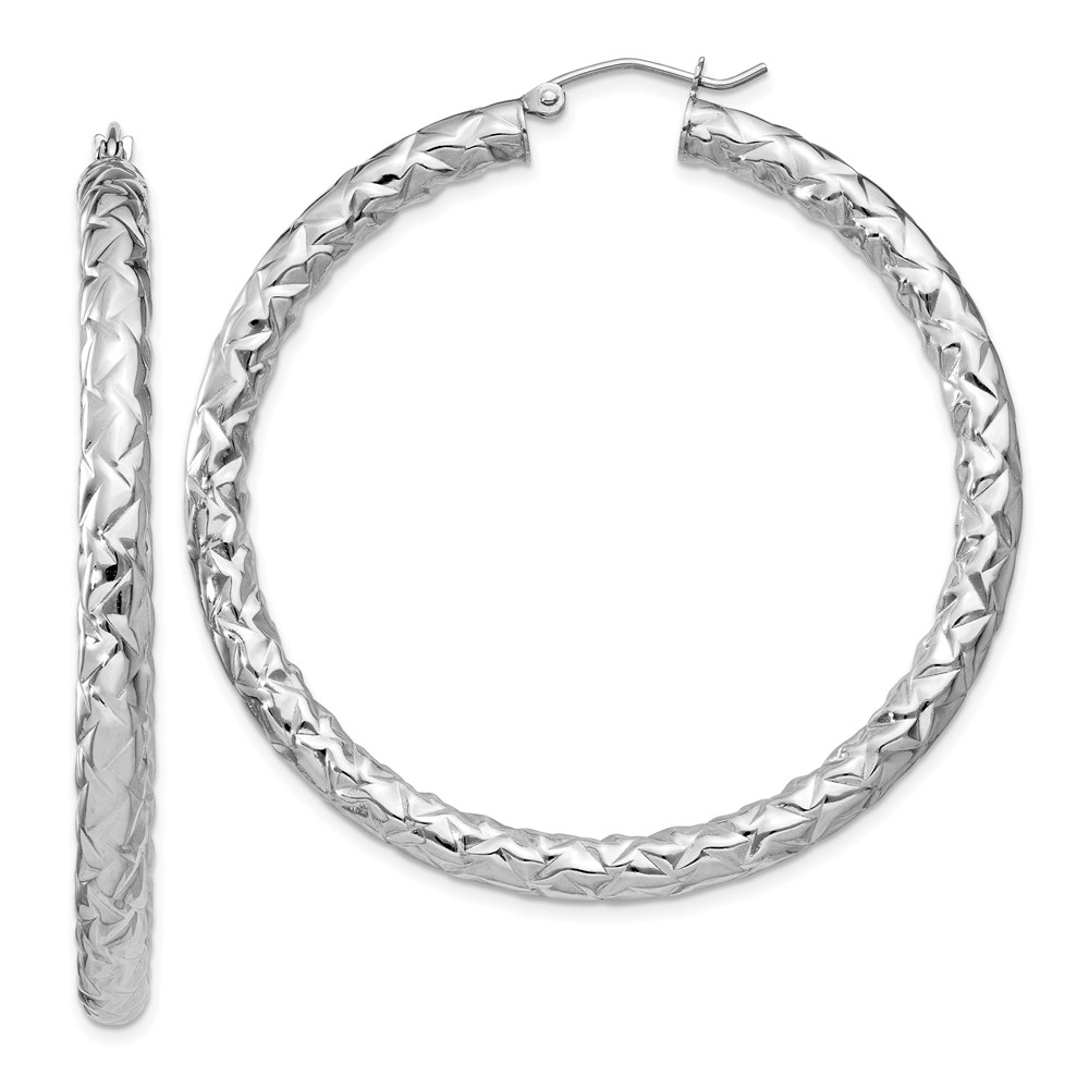 Sterling Silver Rhodium-plated Textured 4x50mm Hoop Earrings (QE11508)