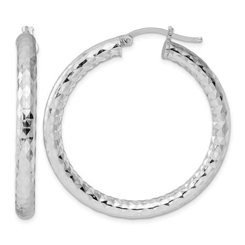 Sterling Silver Rhodium-plated Textured 4x 40mm Hoop Earrings