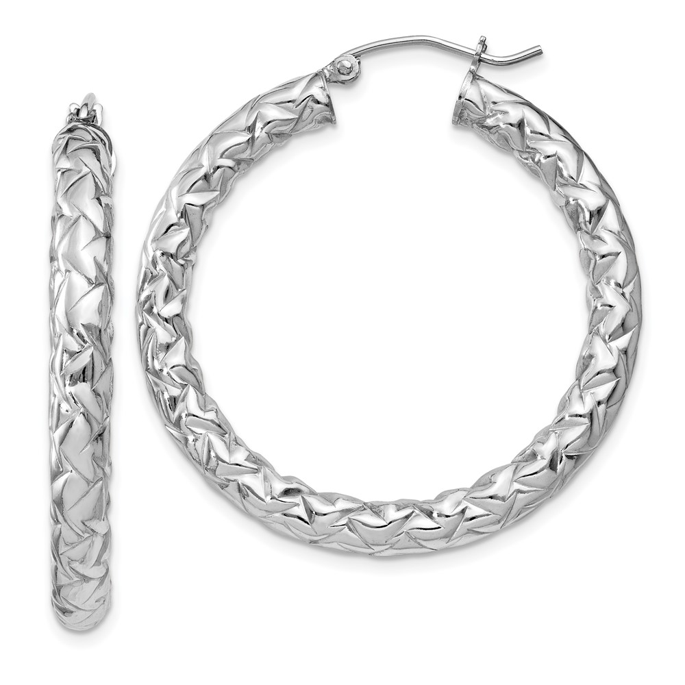 Sterling Silver Rhodium-plated Textured 4x35mm Hoop Earrings (QE11510)