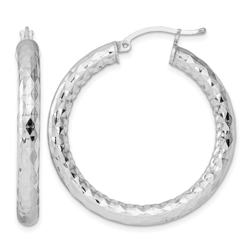 Sterling Silver Rhodium-plated Textured 4x 35mm Hoop Earrings