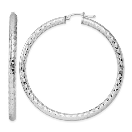 Sterling Silver Rhodium-plated Textured 4x 60mm Hoop Earrings