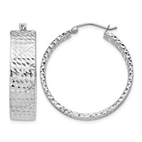 Sterling Silver Rhodium-plated Diamond-cut 7.75x 30mm Hoop Earrings view 1