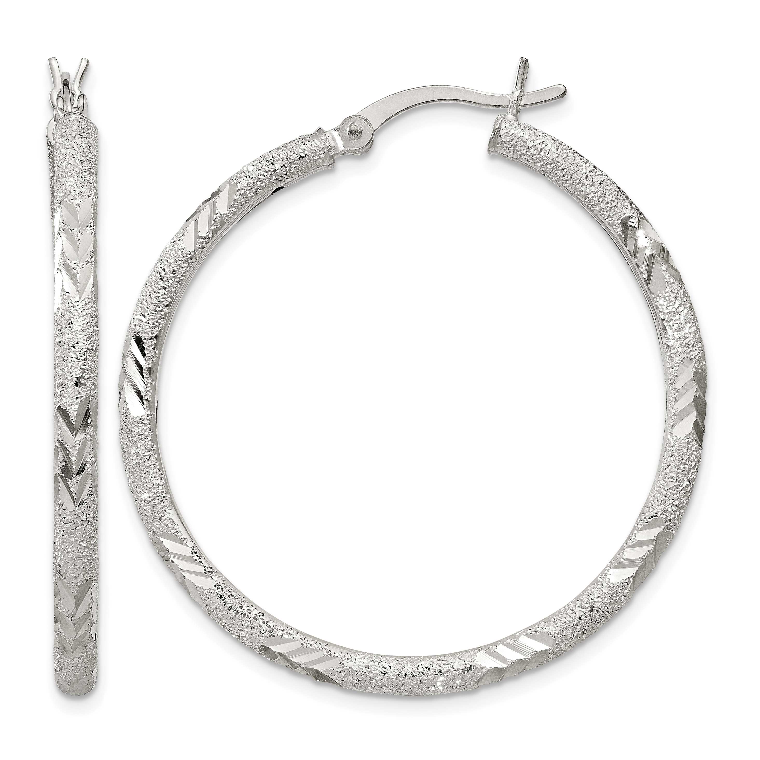Sterling Silver 2.5mm Diamond-cut Laser-cut Hinged Hoop Earrings (QE11519)