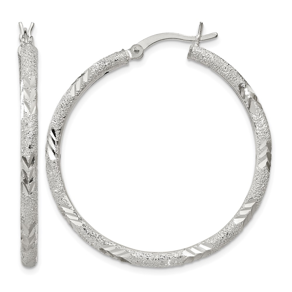 Sterling Silver 2.5mm Diamond-cut Laser-cut Hinged Hoop Earrings (QE11519)
