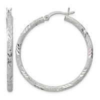 Sterling Silver 2.5mm Diamond-cut Laser-cut Hinged Hoop Earrings view 1