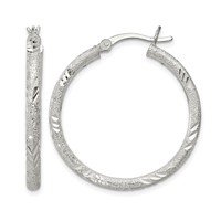 Sterling Silver 2.5mm Diamond-cut Laser-cut Hinged Hoop Earrings view 1