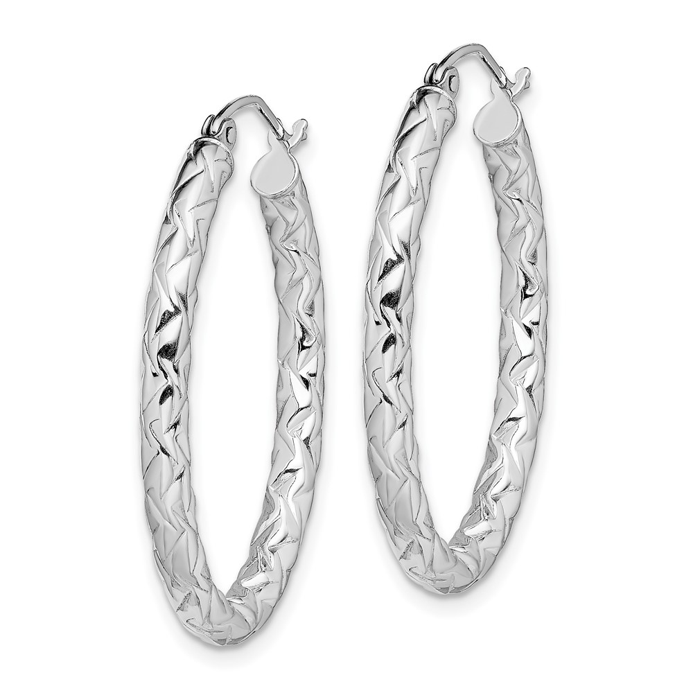 Sterling Silver RH-plated D/C Textured 3mm Oval Hoop Earrings (QE11582)