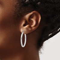 Sterling Silver RH-plated D C Textured 3mm Oval Hoop Earrings view 3