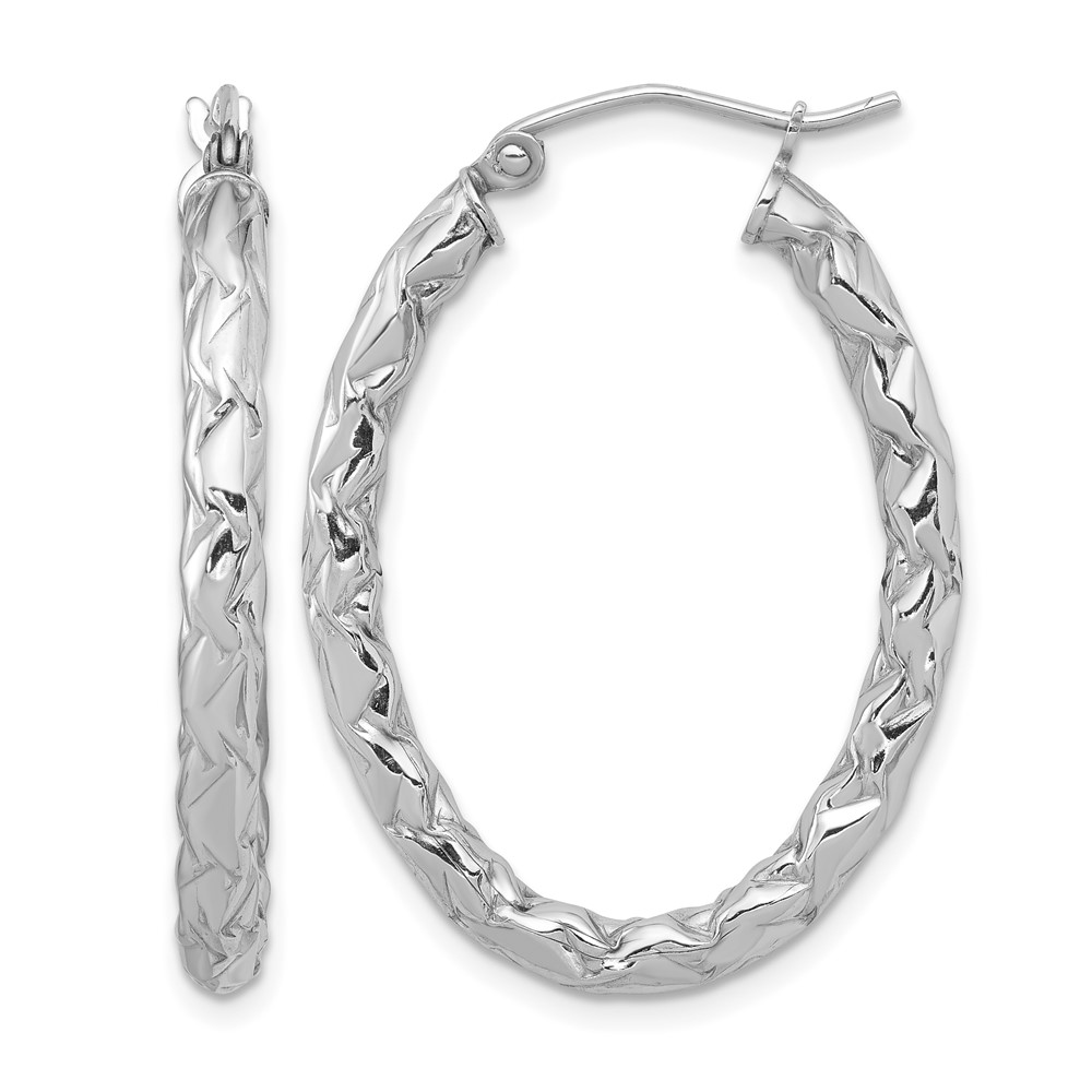 Sterling Silver RH-plated D C Textured 3mm Oval Hoop Earrings