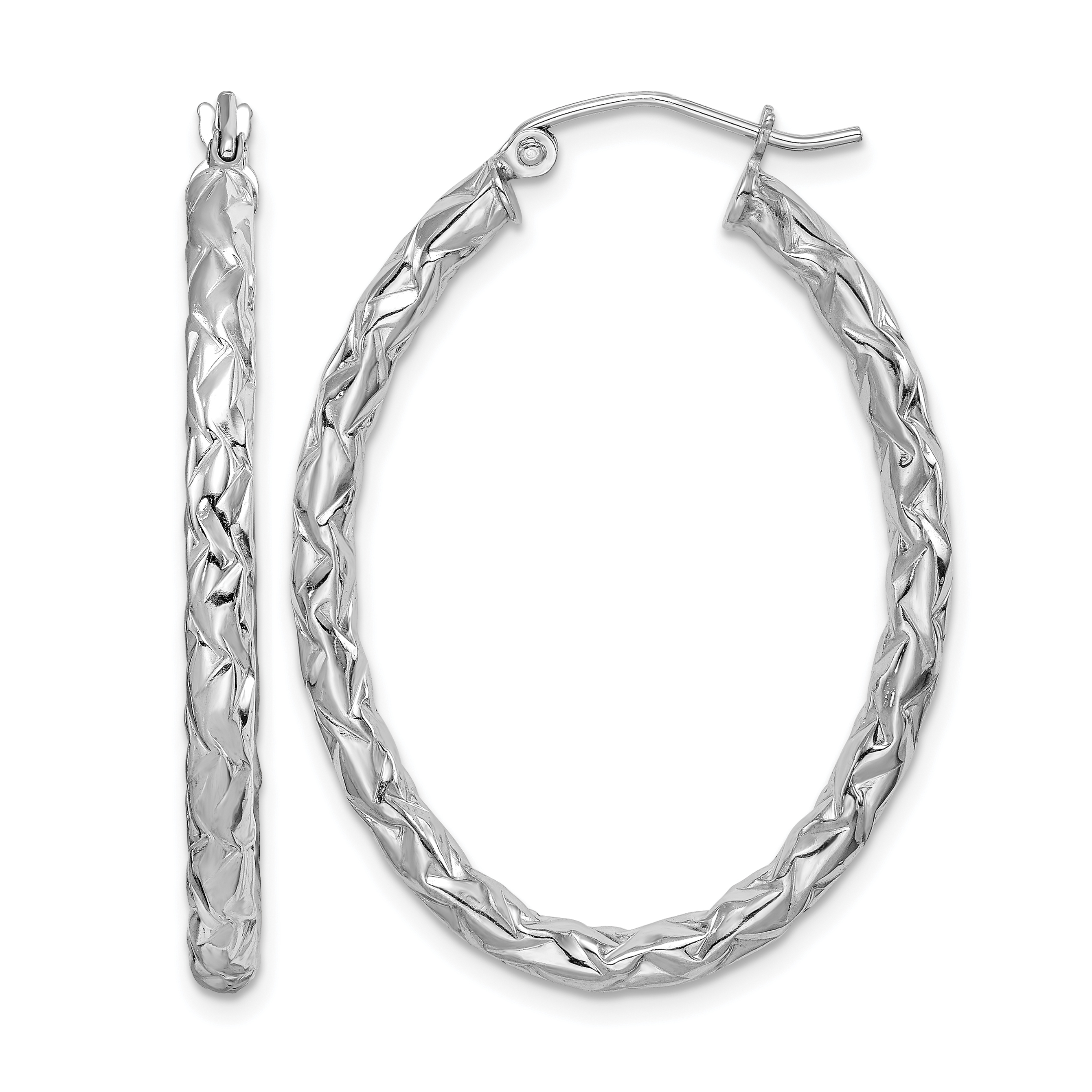 Sterling Silver RH-plated D/C Textured 3mm Oval Hoop Earrings (QE11583)