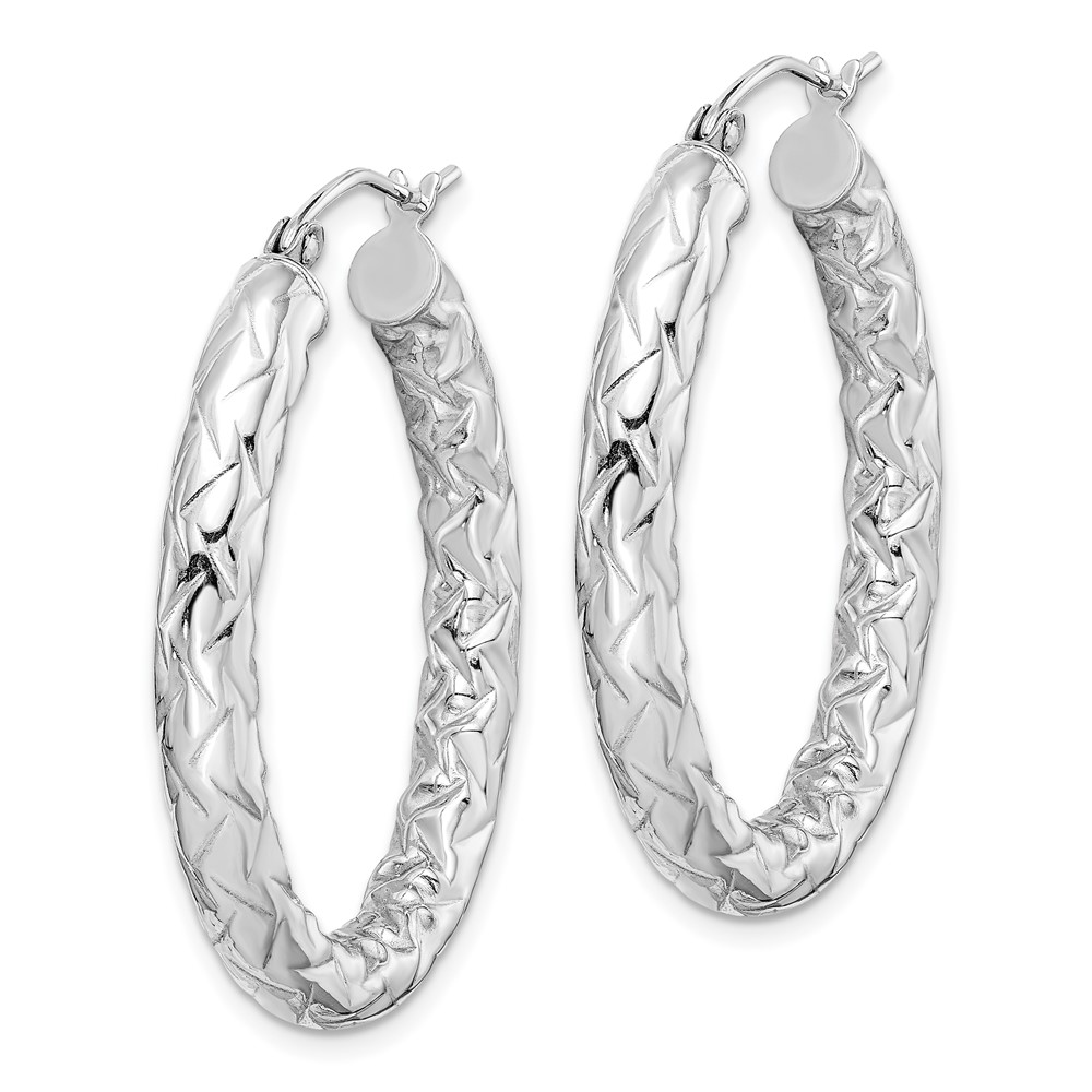 Sterling Silver RH-plated D/C Textured 4mm Oval Hoop Earrings (QE11584)