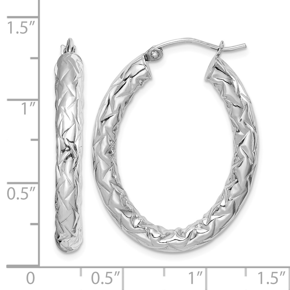 Sterling Silver RH-plated D/C Textured 4mm Oval Hoop Earrings (QE11584)