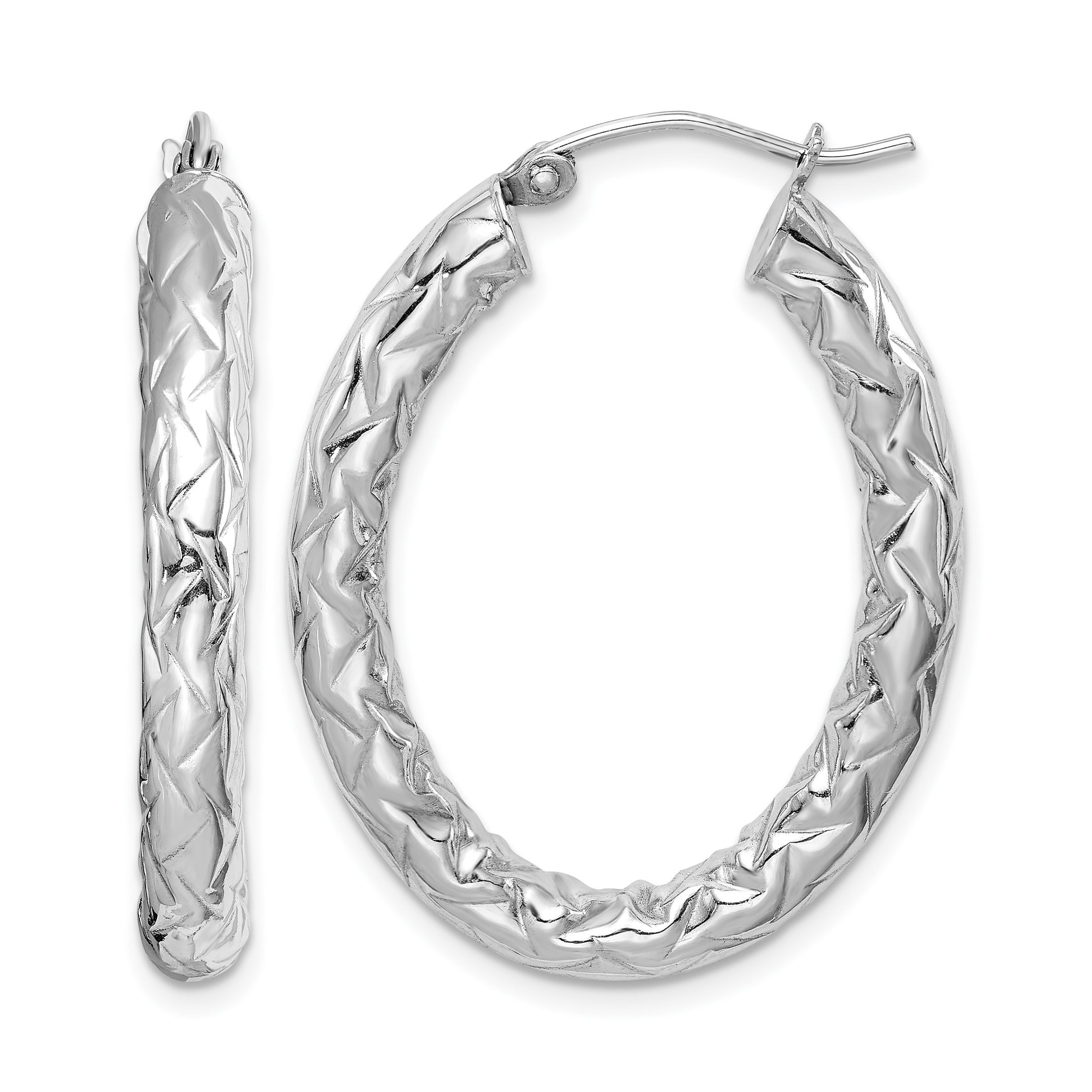 Sterling Silver RH-plated D/C Textured 4mm Oval Hoop Earrings (QE11584)