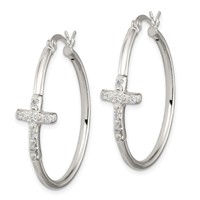 Sterling Silver Polished CZ Cross 2.5mm Round Hoop Earrings view 2