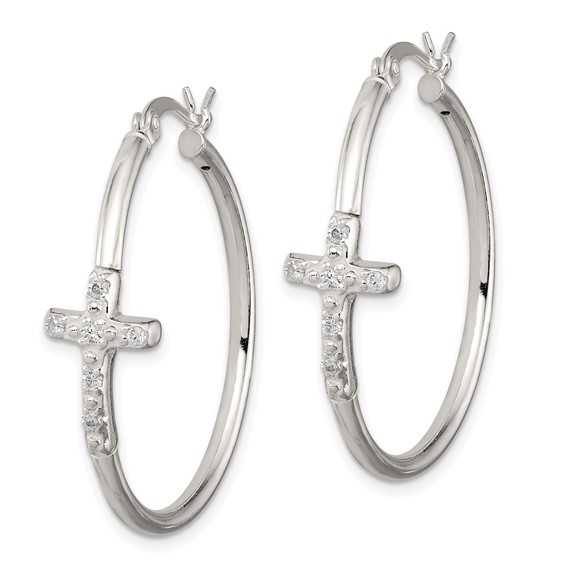Sterling Silver Polished CZ Cross 2.5mm Round Hoop Earrings