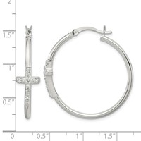 Sterling Silver Polished CZ Cross 2.5mm Round Hoop Earrings view 4
