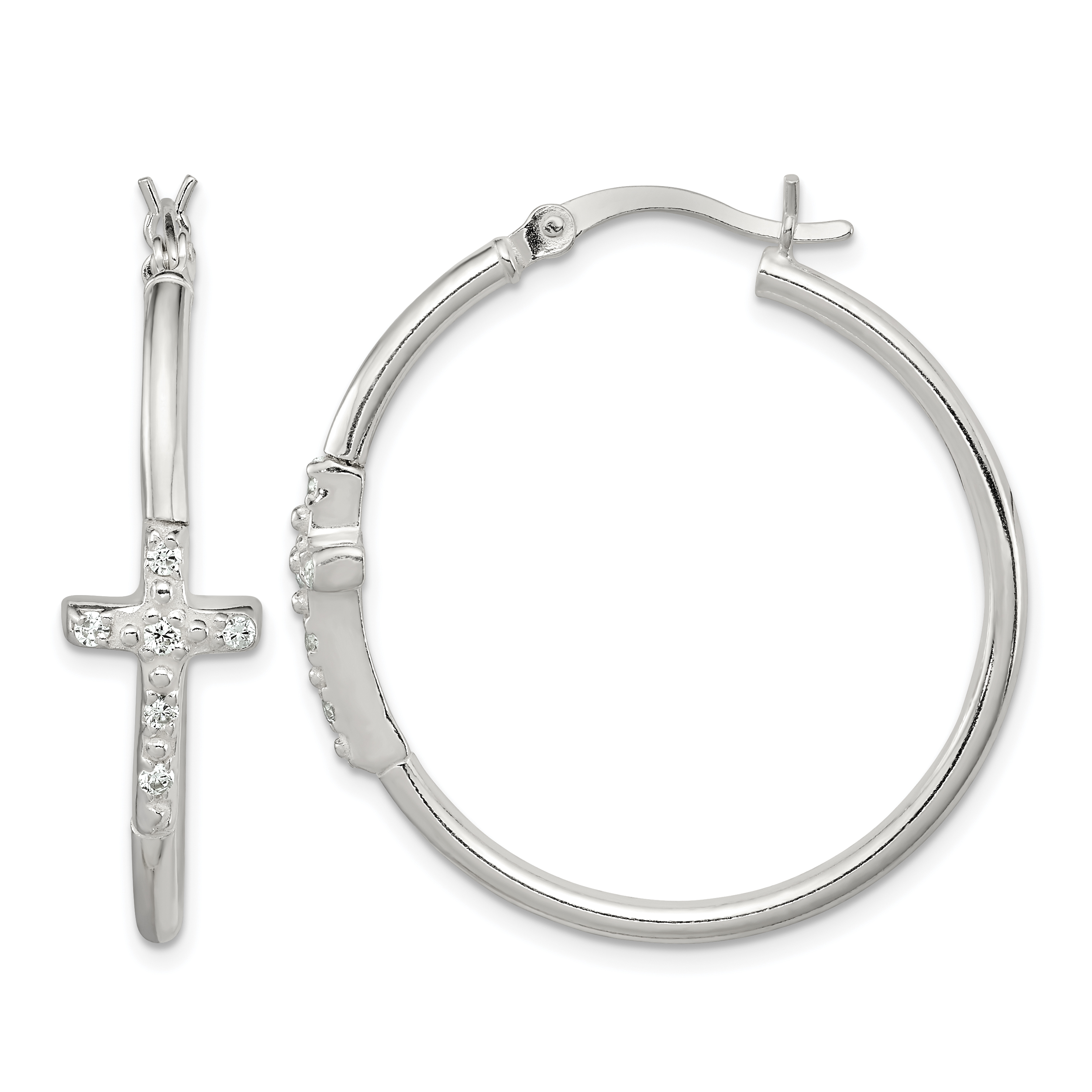Sterling Silver Polished CZ Cross 2.5mm Round Hoop Earrings (QE11616)