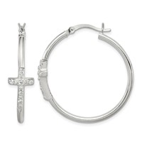 Sterling Silver Polished CZ Cross 2.5mm Round Hoop Earrings view 1