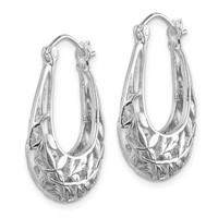 Sterling Silver Rhodium-plated Polished Leaves Oval Hoop Earrings view 2