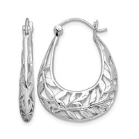 Sterling Silver Rhodium-plated Polished Leaves Oval Hoop Earrings view 1