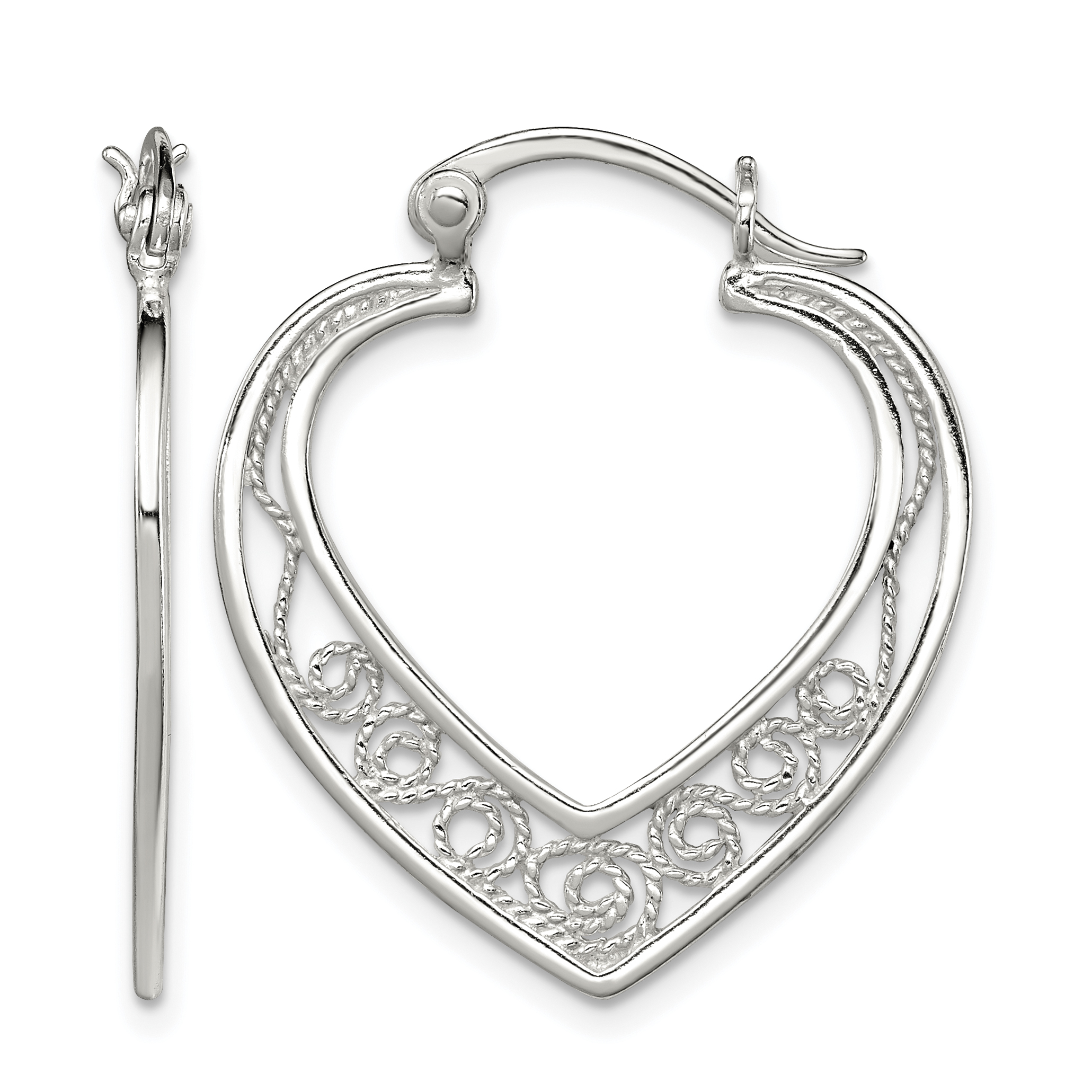 Sterling Silver Polished Filigree Heart Hoop Earrings (QE11648)