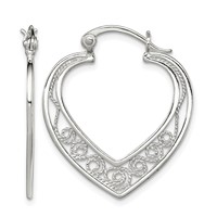 Sterling Silver Polished Filigree Heart Hoop Earrings view 1