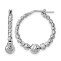 Sterling Silver Rhodium-plated Diamond-cut Beaded Hoop Earrings view 1