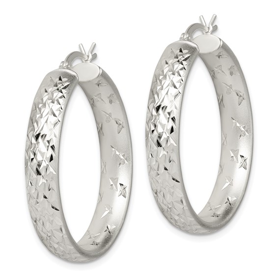 Sterling Silver Satin & Diamond-cut 5mm Round Hoop Earrings
