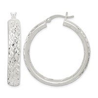 Sterling Silver Satin & Diamond-cut 5mm Round Hoop Earrings view 1