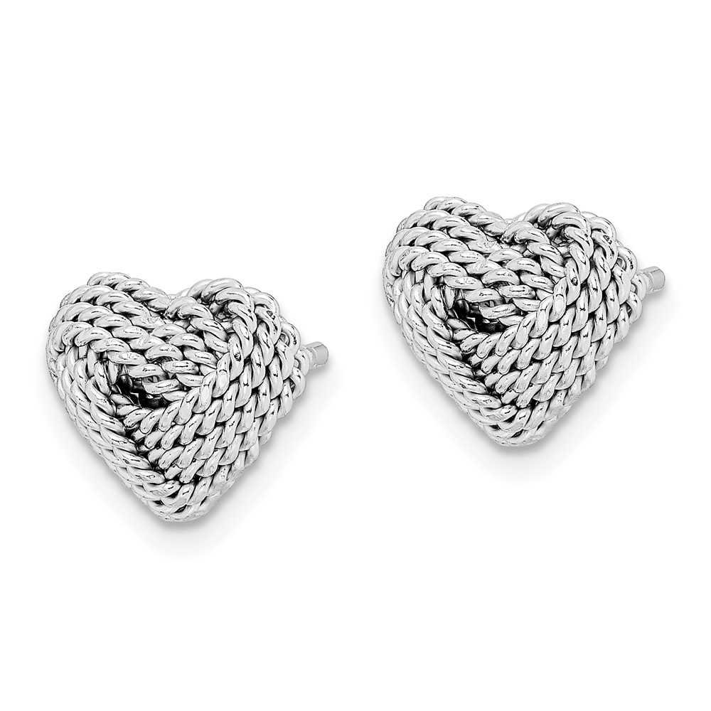 Sterling Silver Rhodium-plated Small Twisted Love Knot Heart Post Earrings (QE11780)