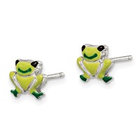 Sterling Silver Polished Green Enamel Frog Post Earrings view 2