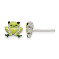 Sterling Silver Polished Green Enamel Frog Post Earrings view 1