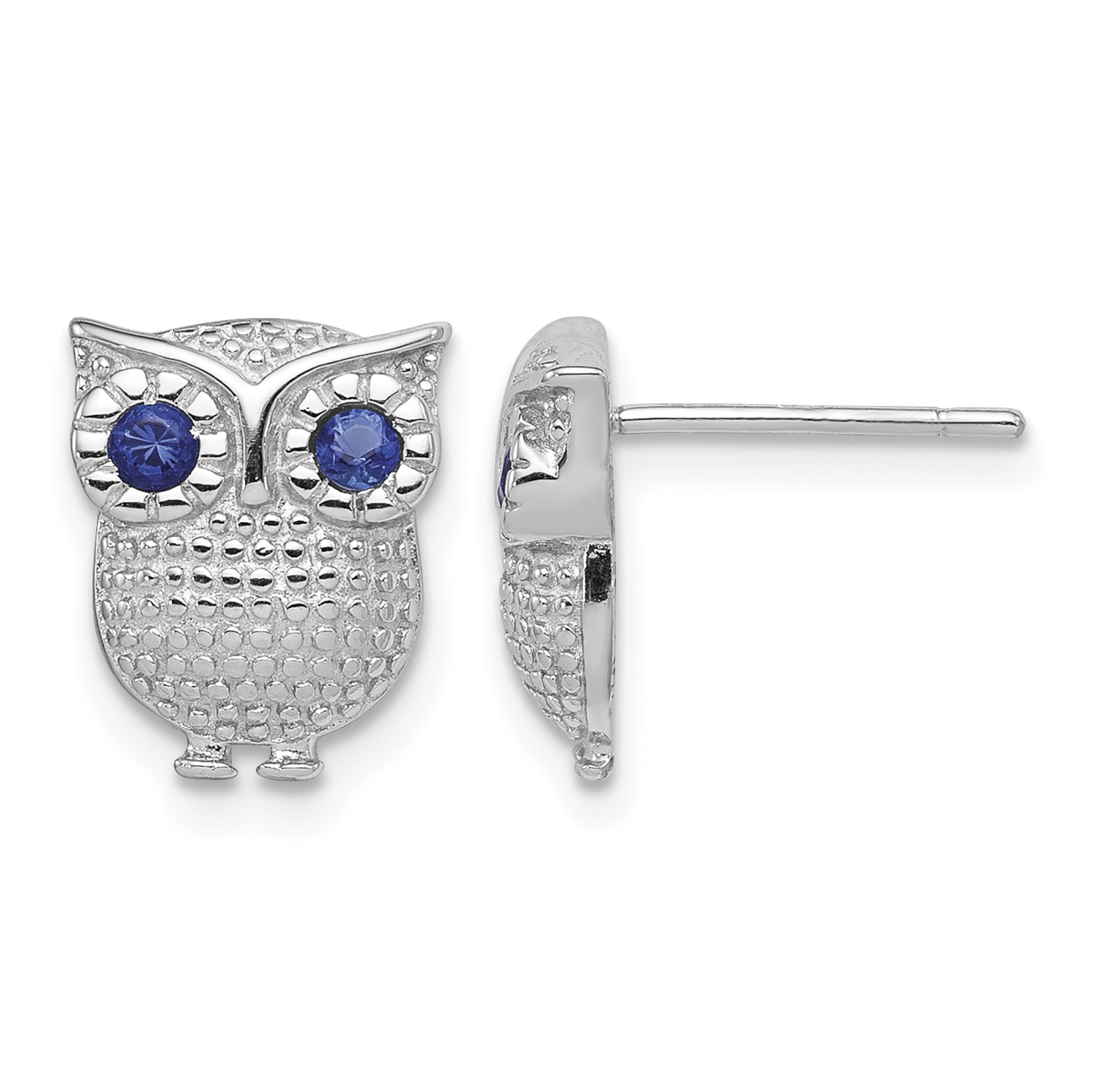 Sterling Silver RH-plated Blue Glass Owl Post Earrings (QE11832)