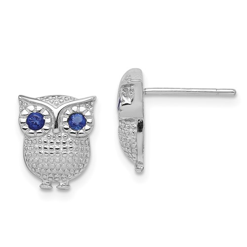 Sterling Silver RH-plated Blue Glass Owl Post Earrings