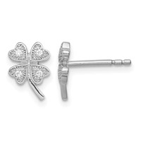 Sterling Silver Rhodium-plated Polished CZ 4 Leaf Clover Post Earrings view 1