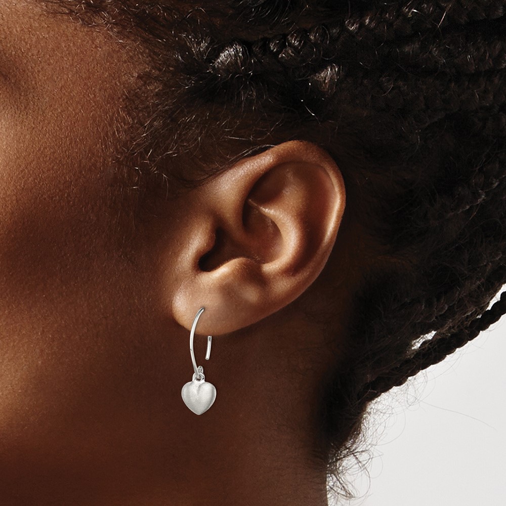 Sterling Silver Rhodium-plated Satin Heart Dangle Earrings (QE11875)