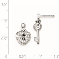Sterling Silver Polished CZ Heart Lock & Key Post Dangle Earrings view 2