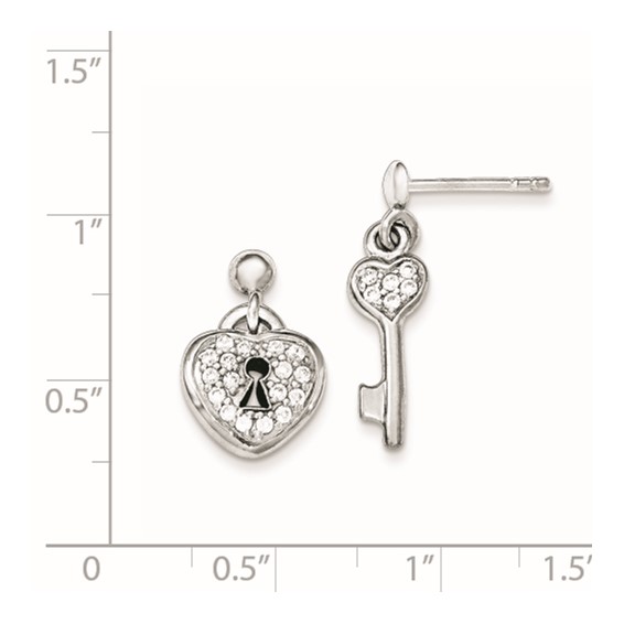 Sterling Silver Polished CZ Heart Lock & Key Post Dangle Earrings