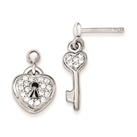 Sterling Silver Polished CZ Heart Lock & Key Post Dangle Earrings view 1